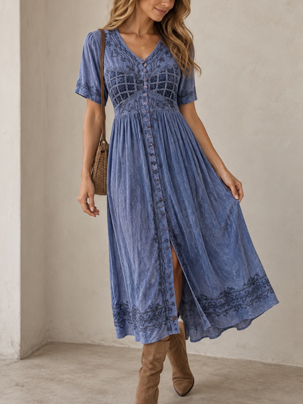 298. VTG Blue Embroidered Button-Front Velour Women's Dress